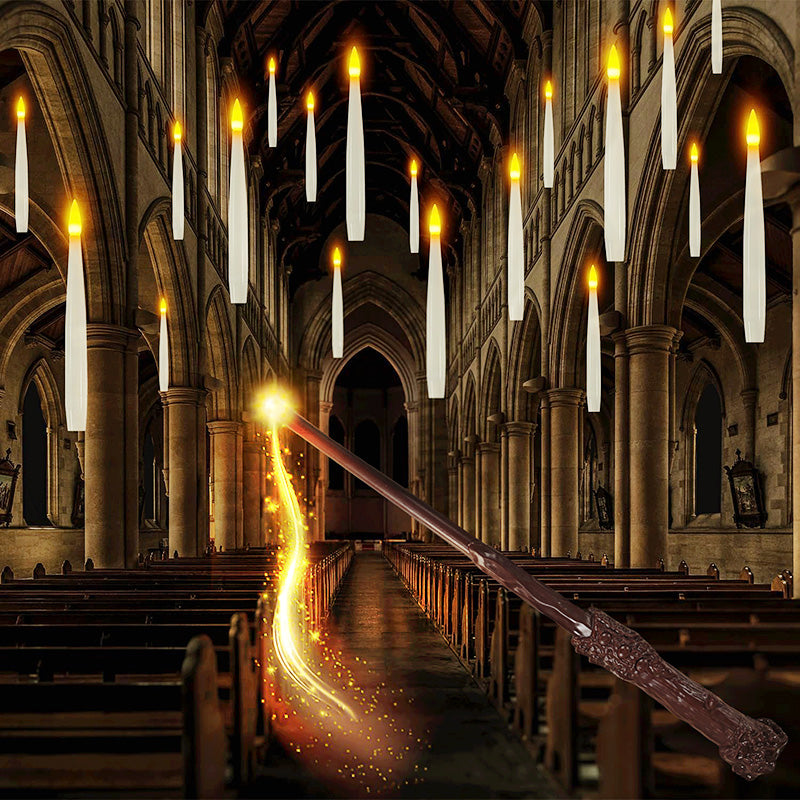 Floating Candles with Wand, Magic Hanging Candles Flickering Warm Light Flameless LED Taper Candle, Battery Operated Window Candles for Christmas Halloween Decor