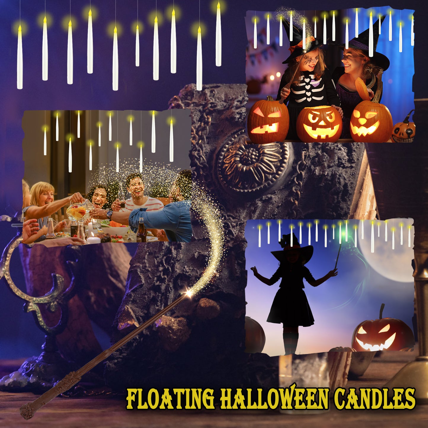 Floating Candles with Wand, Magic Hanging Candles Flickering Warm Light Flameless LED Taper Candle, Battery Operated Window Candles for Christmas Halloween Decor