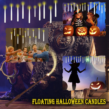 Floating Candles with Wand, Magic Hanging Candles Flickering Warm Light Flameless LED Taper Candle, Battery Operated Window Candles for Christmas Halloween Decor