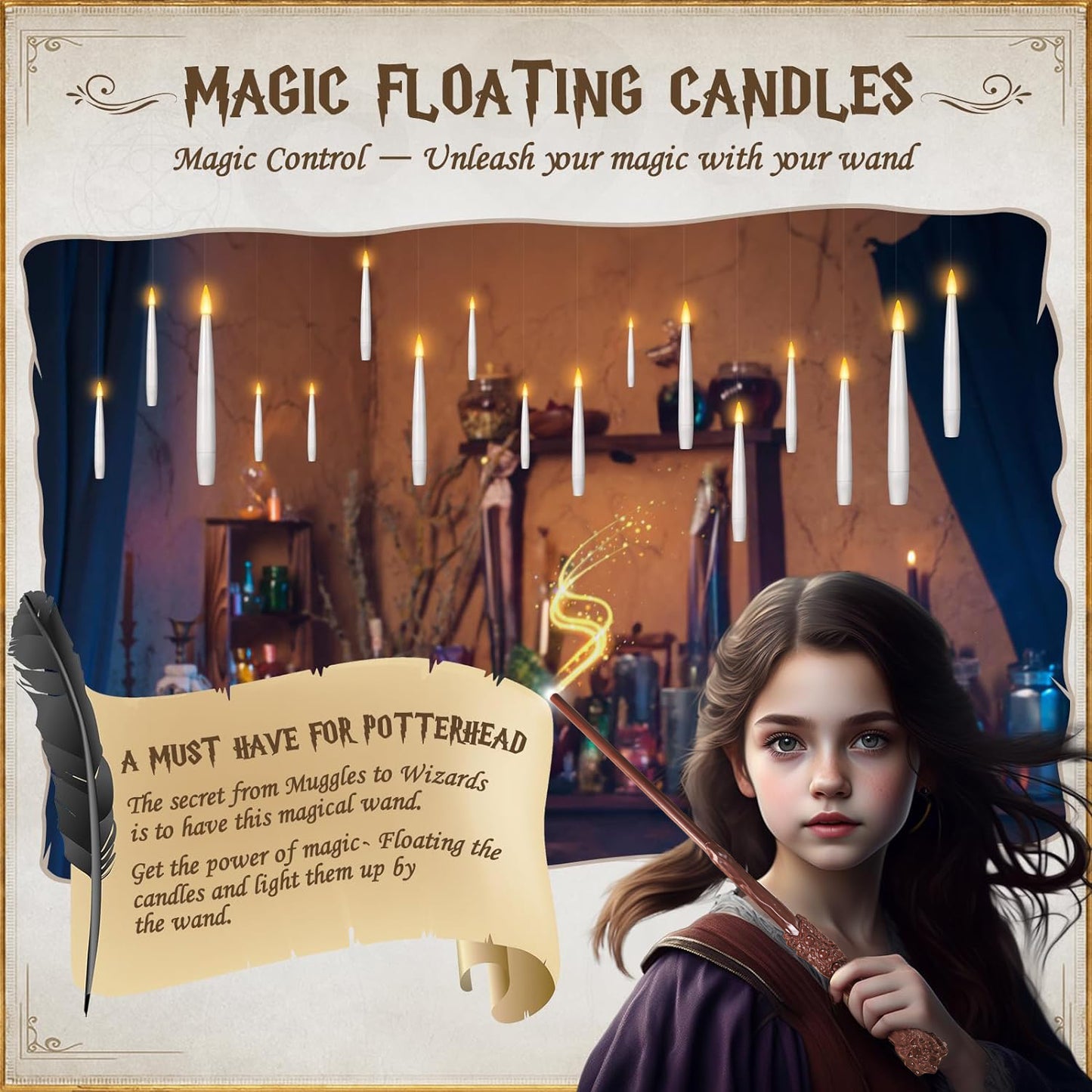 Floating Candles with Wand, Magic Hanging Candles Flickering Warm Light Flameless LED Taper Candle, Battery Operated Window Candles for Christmas Halloween Decor