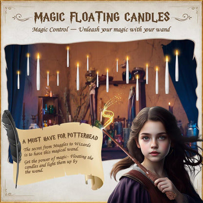 Floating Candles with Wand, Magic Hanging Candles Flickering Warm Light Flameless LED Taper Candle, Battery Operated Window Candles for Christmas Halloween Decor