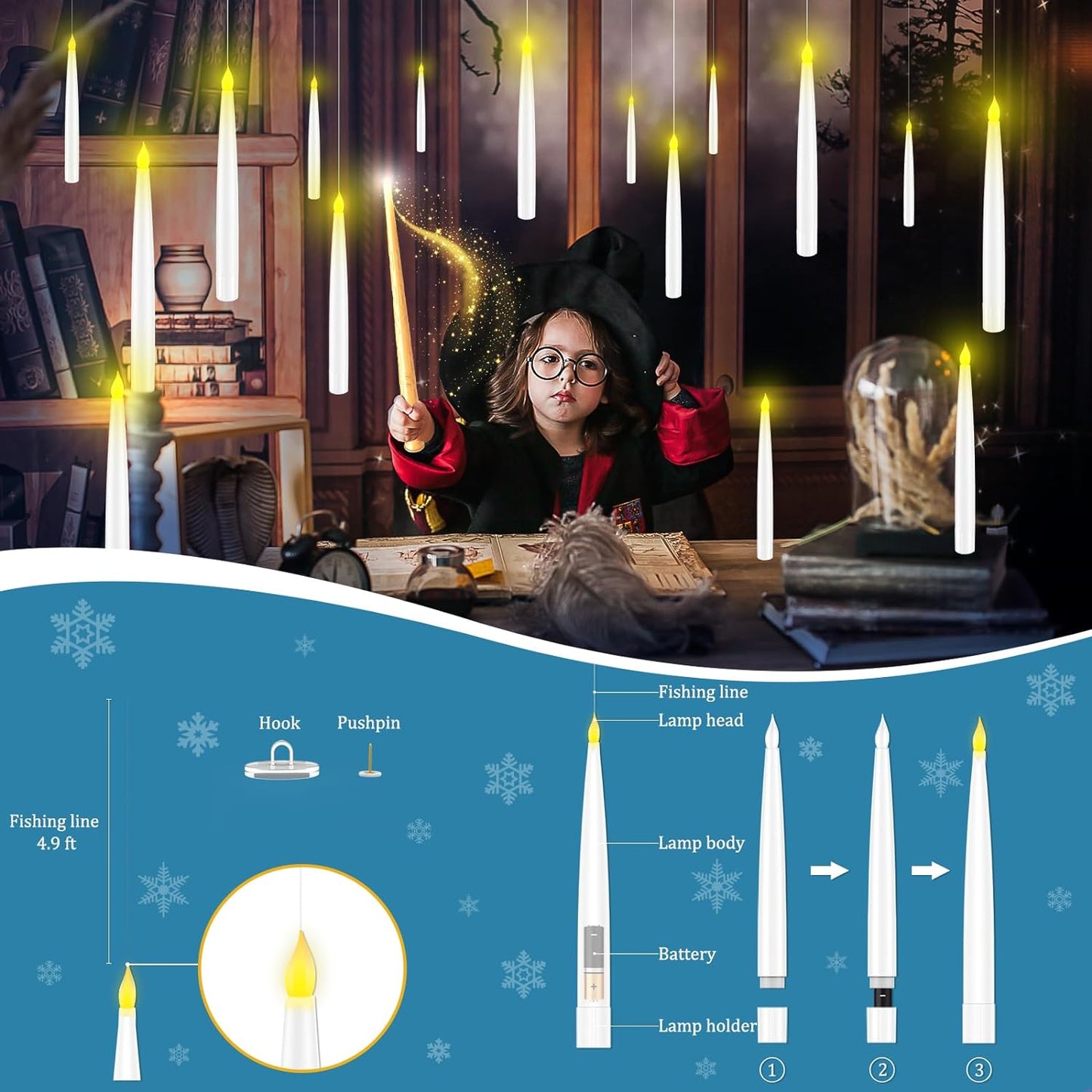 Floating Candles with Wand, Magic Hanging Candles Flickering Warm Light Flameless LED Taper Candle, Battery Operated Window Candles for Christmas Halloween Decor
