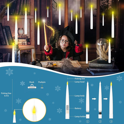 Floating Candles with Wand, Magic Hanging Candles Flickering Warm Light Flameless LED Taper Candle, Battery Operated Window Candles for Christmas Halloween Decor