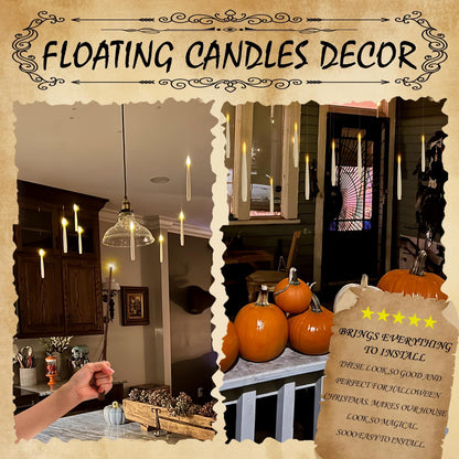 Floating Candles with Wand, Magic Hanging Candles Flickering Warm Light Flameless LED Taper Candle, Battery Operated Window Candles for Christmas Halloween Decor