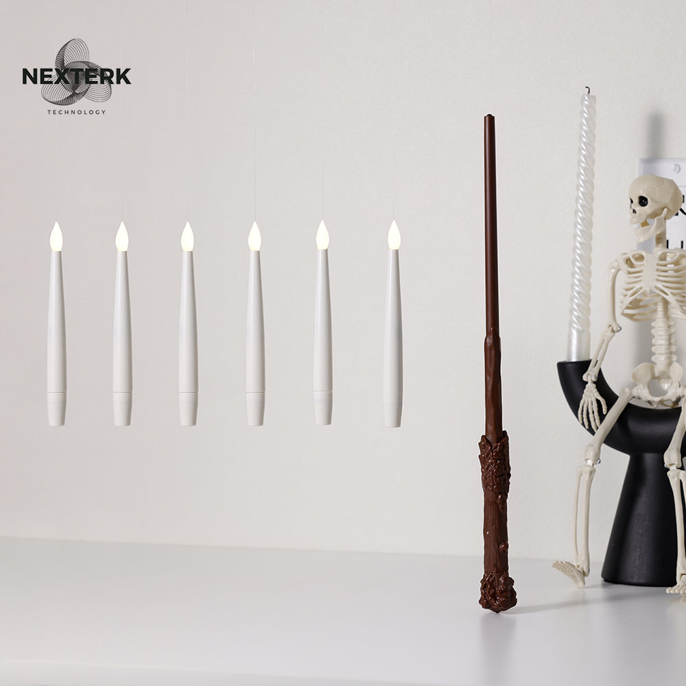 Floating Candles with Wand, Magic Hanging Candles Flickering Warm Light Flameless LED Taper Candle, Battery Operated Window Candles for Christmas Halloween Decor