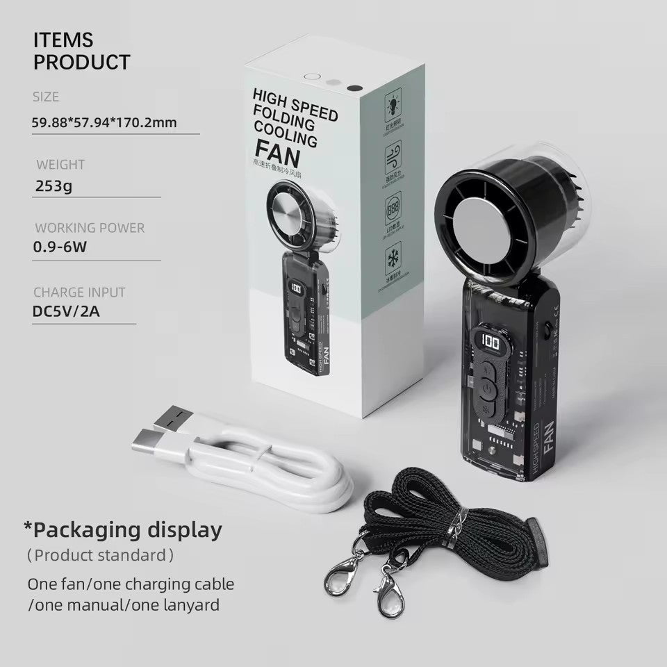 Foldable Mini Cooling Fan – Rechargeable with LED Screen-White